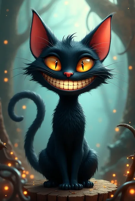 cat smiling like the one from Alice in Wonderland, the cat that is black