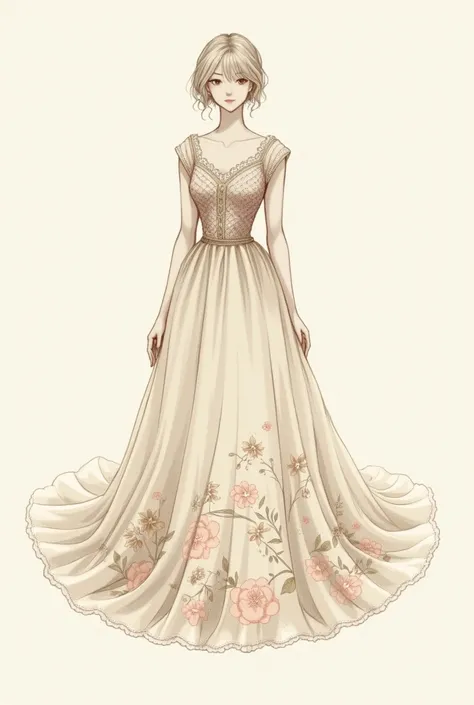  Sketch of a dress with flowers in its fabric and short lace, neutral colors