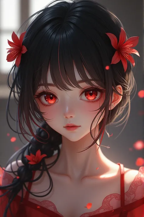 Teenage girl with reddish brown eyes with lily-shaped eyeball, white skin with the color of black hair with intense red with some white strands, red flowers threaded through her left eye, gentle personality, in a spell room