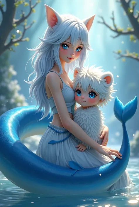 A white-haired woman with blue streaks and blue eyes, sporting a blue shark tail, accompanied by a boy with long white hair, polar bear ears, and blue anime eyes.