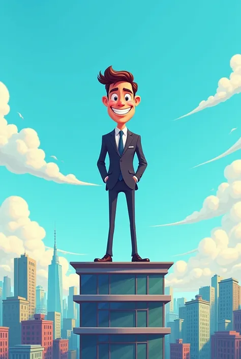 cartoon image of a smiling lawyer on top of a building on a sunny day