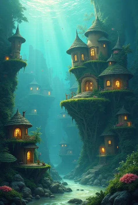 color (Fantasy: 1.2), (style of hayao miyazaki.), (Unusual building, floating under water), Patchwork cottages, Moss jewelry, coral, lights, Concept art, inspired by Andreas Rocha, Artstation Competition Winner, Fantasy art, (underwater city), Ross Tran, L...