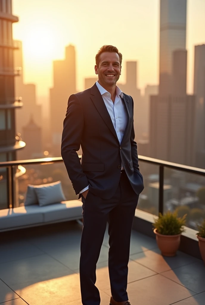 Image of a lawyer smiling on top of a building on a sunny day.