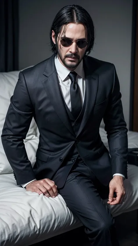 "Transform the image of a young man with dark skin, short hair and glasses in a version that looks like John Wick. He must be wearing an elegant navy blue slim fit suit, with a white shirt underneath and a black tie. Add black dress shoes to complement the...