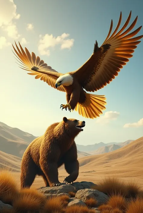 Generate an image of a giant golden eagle lifting into the sky, A giant bear bigger than the eagle 