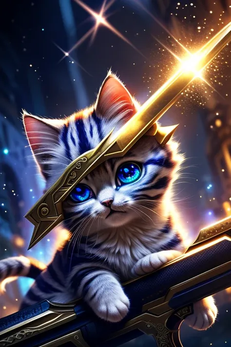 (Highest quality、masterpiece、8k))、Anatomically correct、Very detailed、High resolution、Cinematic lighting、Realistic、((Beautiful, sparkling, detailed eyes))、Intricate details、((Dynamic composition))、Cute kitten、Big head、((Super huge weapon：1.3))