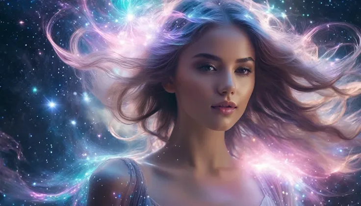 "beautiful ethereal young woman with flowing hair, standing in the middle of a swirling cosmic nebula, magical sparks and stardu...