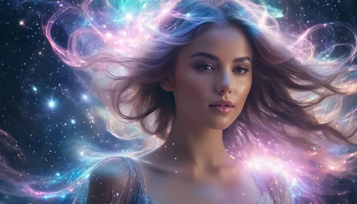 "beautiful ethereal young woman with flowing hair, standing in the middle of a swirling cosmic nebula, magical sparks and stardu...