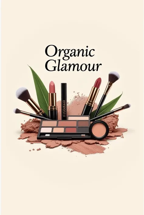 Natural makeup logo with the name "Organic Glamour" highlighted in Spanish with makeup products in the background that is eye-catching
