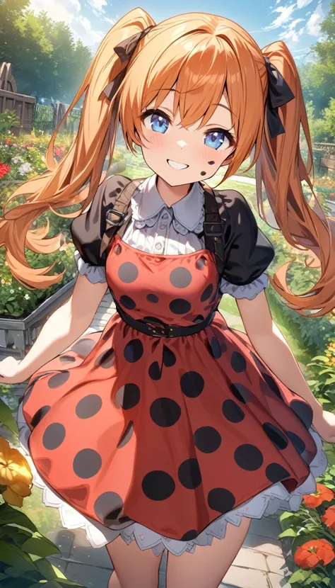 a girl with a red and black polka dot Dress, 1girl, solo, orange hair, Blue eyes, smiling, puffy short slevees, smiling, frekles on face, garden, outdoors, HDR, High quality, Twintails, Best Quality,