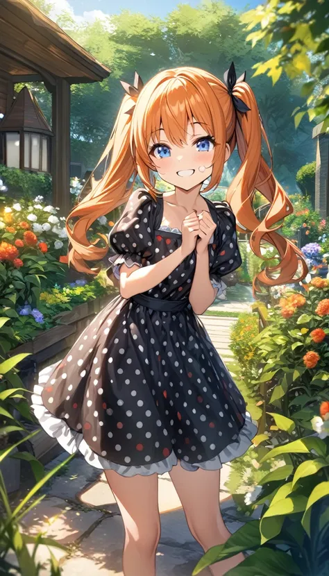 a girl with a red and black polka dot Dress, 1girl, solo, orange hair, Blue eyes, smiling, puffy short slevees, smiling, frekles on face, garden, outdoors, HDR, High quality, Twintails, Best Quality,