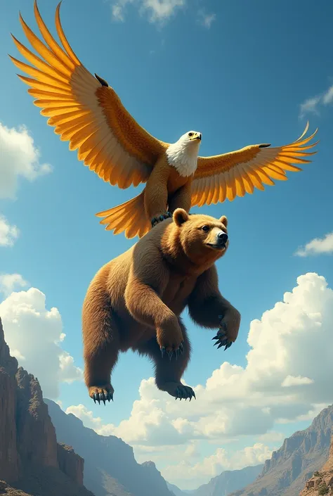 Generate an image of a giant golden eagle lifting into the sky, A giant bear bigger than the eagle 