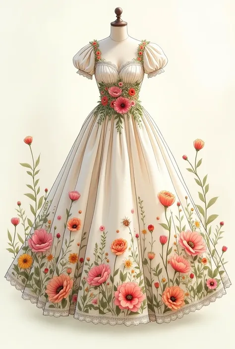  sketch of a dress with wildflowers on its fabric and lace 