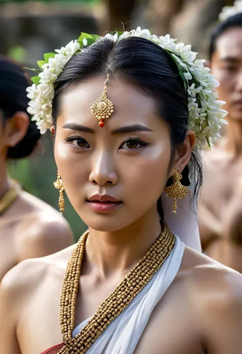 Portrait of Abigail: , (Asian woman), (Ancient female priest), ((Thai face)), (Country girl), (beautiful), (detailed face), ((naked)), ((wearing thai traditional loincloth))
, with beautiful and intense facial features
, surrounded by many warriors fightin...