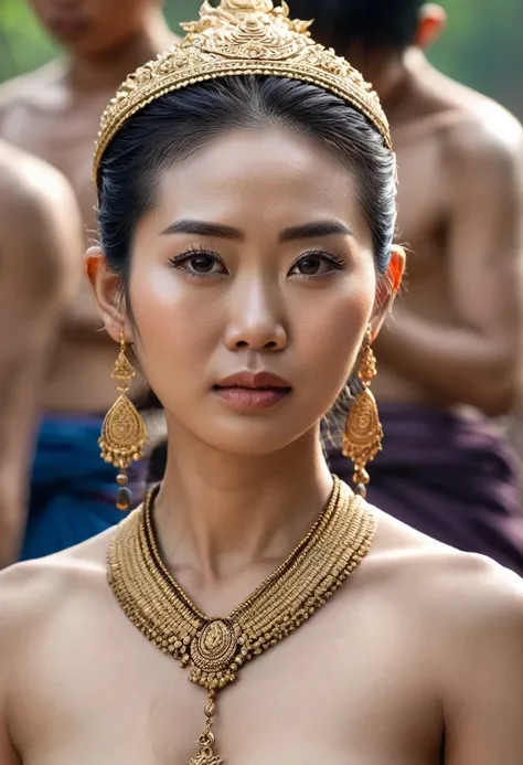 Portrait of Abigail: , (Asian woman), (Ancient female priest), ((Thai face)), (Country girl), (beautiful), (detailed face), ((naked)), ((wearing thai traditional loincloth))
, with beautiful and intense facial features
, surrounded by many warriors fightin...