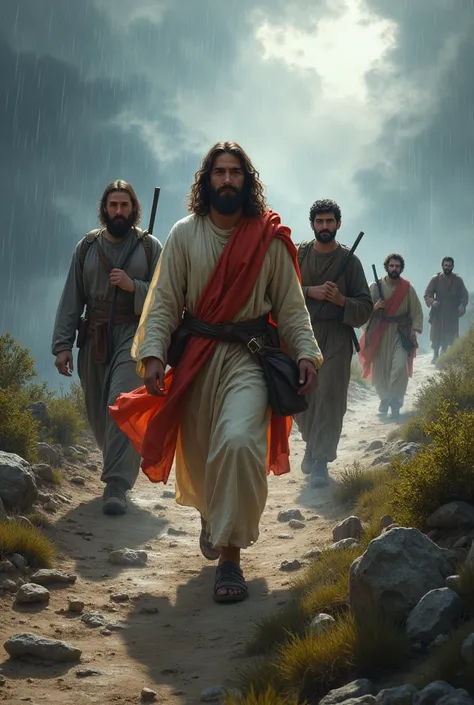 traditional bible JESUS leading in the front Modern Male black Friends ALL facing back on hiking in adventurous Challenging road journey in a storm uphill 