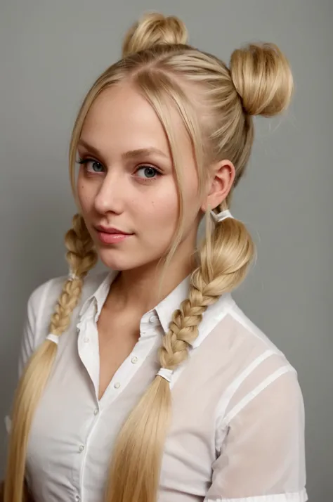 blonde girl with hair tied up in pigtails with 1.6 tall