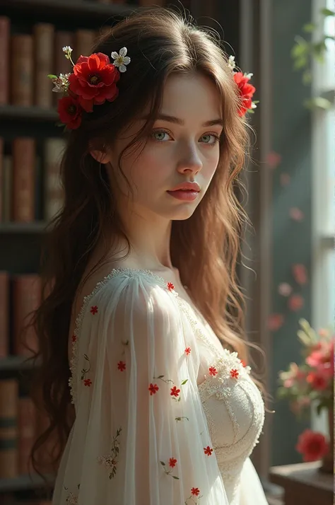 Girl with white skin with red flowers in her eyes is brown hair with some red strands is white, White magical womens clothing with red details in a library.