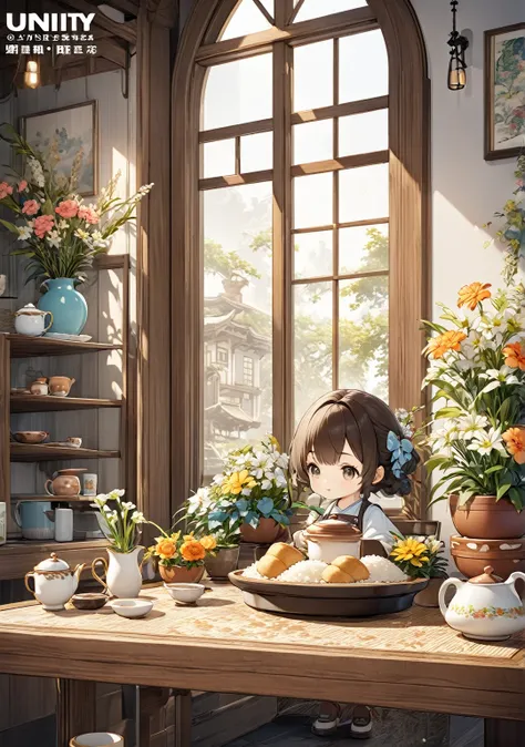 masterpiece,Highest quality,masterpiece,Highest quality,Official Art,Highly detailed CG Unity 8k wallpaper,A slightly retro color,Rice Print Style,figure,cute,One person,Flowers,Window,flower pot,Drink coffee,.