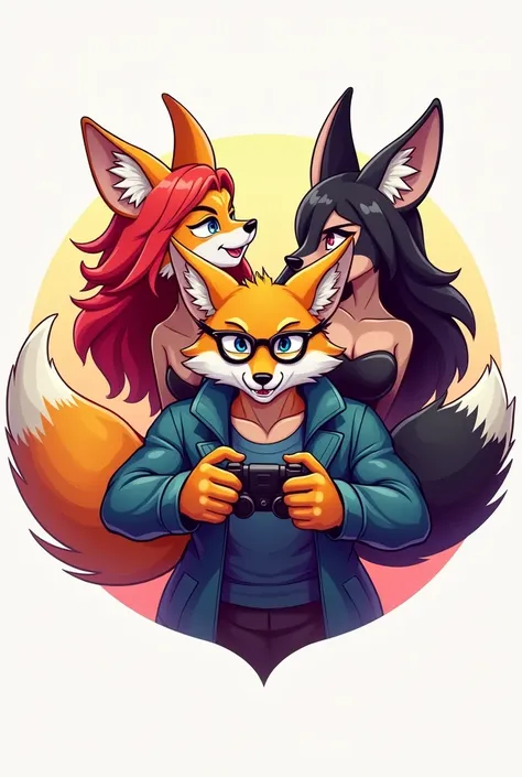 A logo with a sexy female fox with red hair on the left, A strong male fox wearing glasses in the middle holding a video game controller, A sexy female fox on the right with darker fur.
