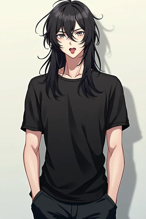 man, full length, anime art, young, long black hair, beautiful facial features, grey eyes, Beautiful skinny body, shows tongue, sexual, masterpiece, without mothers, black tights.