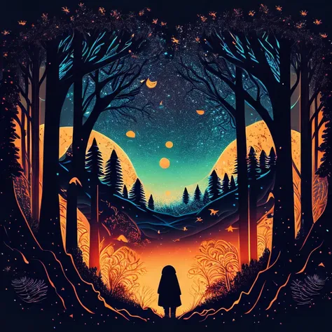 spooky forest, bizzare night, stary skies, nightmare, t-shirt design, vector-art