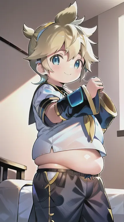 10 year old boy, kagamine len, cowboy shot, (plump), (chubby), chubby body, large squishy belly spilling over the waistband, ((o...