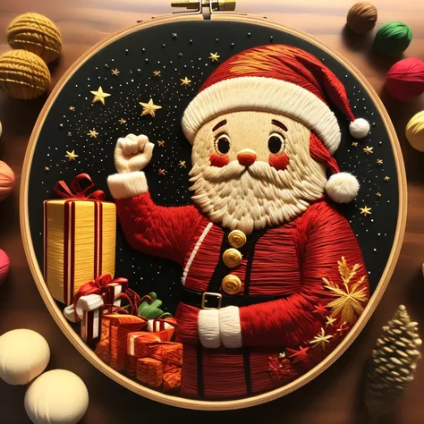 best quality，tmasterpiece，ultra-high resolution，（shoot real：1.4），（embroidery christmas on silk，santa，gifts，christmas tree，starli...