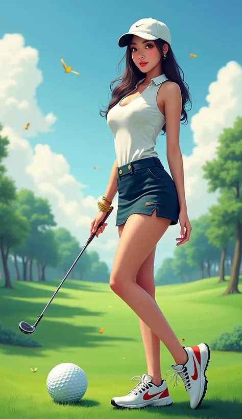 Make an Asian female model photo for a golf tournament poster, Full shot, The clothes are short skirts, sexy body, Make a golf ball in the background, nike golf shoes, accurate, high details, super detail, high quality, best quality, highres, masterpiece