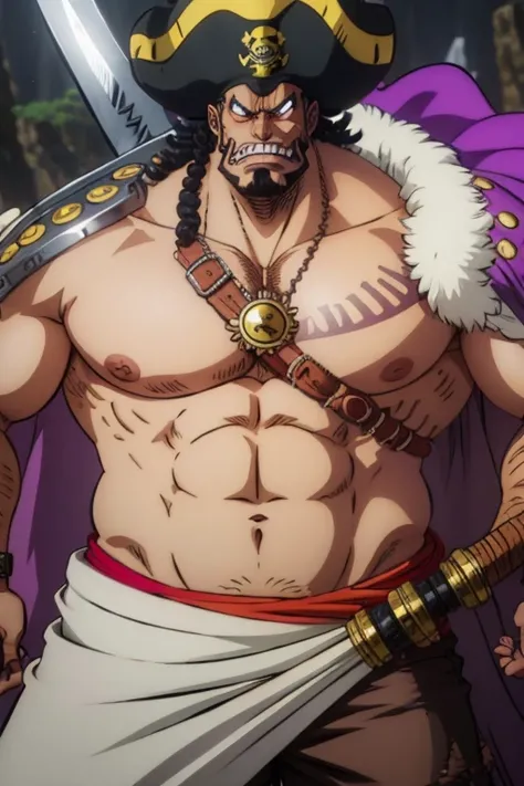 A fat villain resembling Blackbeard has a large sword and several pirate pistols on his waist in the One Piece style.