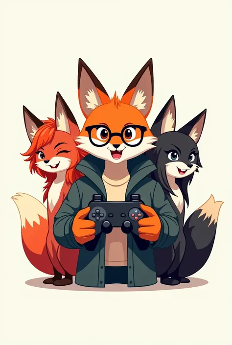 A logo with a female fox with red hair on the left, A strong male fox wearing glasses in the middle holding a video game controller, A female fox on the right with darker fur.
