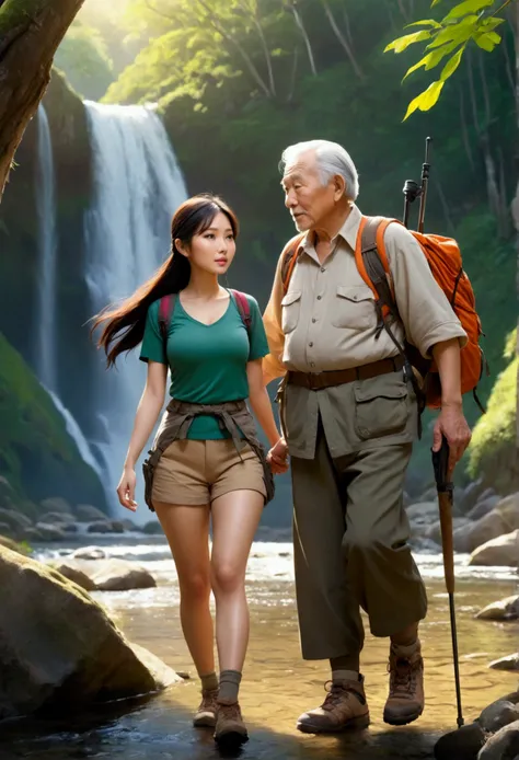 A beautiful Asian woman with fair skin, a great figure, and large breasts, wearing hiking clothes, walks hand-in-hand with an elderly man who is a hunter.,By the stream,there is a beautiful waterfall