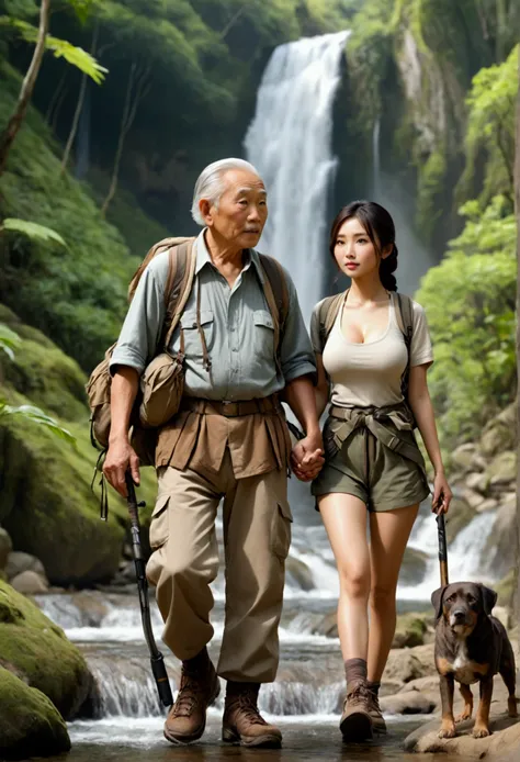 A beautiful Asian woman with fair skin, a great figure, and large breasts, wearing hiking clothes, walks hand-in-hand with an elderly man who is a hunter.,By the stream,there is a beautiful waterfall