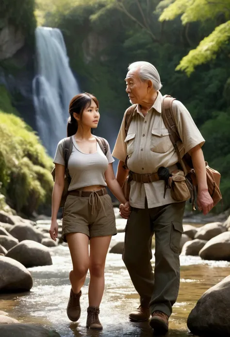 A beautiful Asian woman with fair skin, a great figure, and large breasts, wearing hiking clothes, walks hand-in-hand with an elderly man who is a hunter.,By the stream,there is a beautiful waterfall