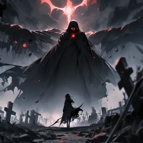 Top quality, masterpiece, high resolution, girl, black hair, red eyes, black cloak, Grim Reaper with scythe, dark atmosphere, blue orb light floating in the air, Western cemetery,Confronting the Black Shadow Monster