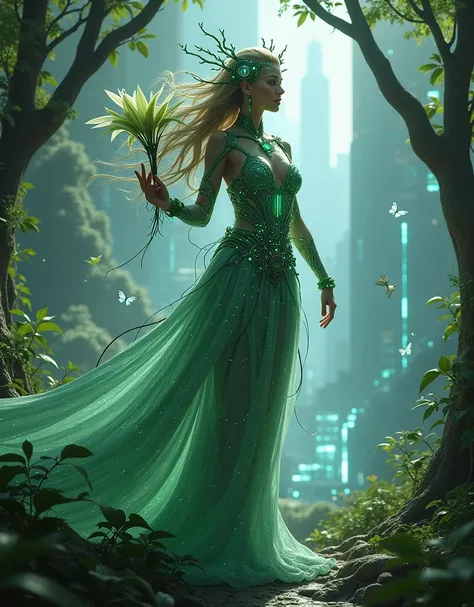 (Goddess of Nature and Technology Fusion:1.4), (masterpiece:1.4, best quality), (photo realistic:1.4), an ethereal and powerful figure, embodying the perfect harmony between nature and advanced technology, dressed in a flowing gown made of bioluminescent v...