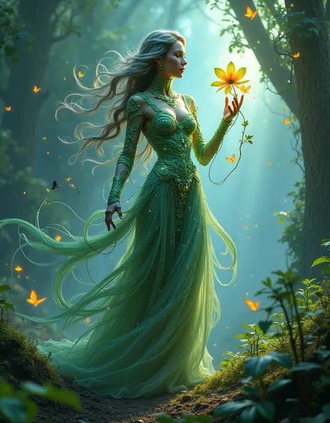 (Goddess of Nature and Technology Fusion:1.4), (masterpiece:1.4, best quality), (photo realistic:1.4), an ethereal and powerful figure, embodying the perfect harmony between nature and advanced technology, dressed in a flowing gown made of bioluminescent v...