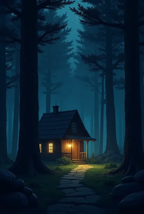 A forest with a small house on a shadowy night