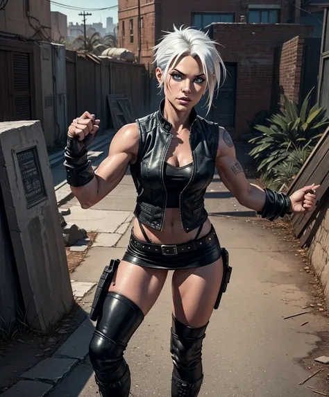 Narrator(((Full-length shot))),((Best quality)), ((masterpiece)),(detailed),muscular build and medium breasts .., wears an open black leather vest on a naked body.., black leather gloves, a short skirt and heavy boots. She has a punk rock look.Hyper-realis...