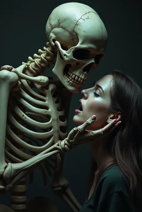 A skeleton putting the bone of its jaw on a woman 