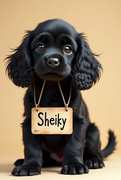 Black cocker spaniel puppy with a sign that says Sheiky 