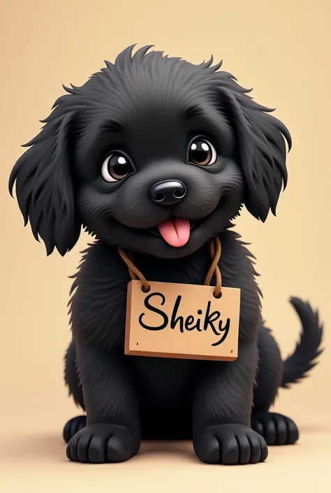 Black cocker spaniel puppy with a sign that says Sheiky 