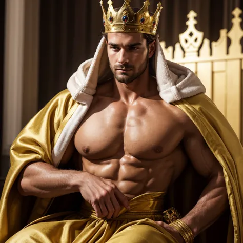 Create an image of a man in male anatomy without a face, with blurred face, without showing anything on the face, SMOOTH FACE, and with a kings crown and the robes of high nobility, well muscled to put on display in my portfolio.