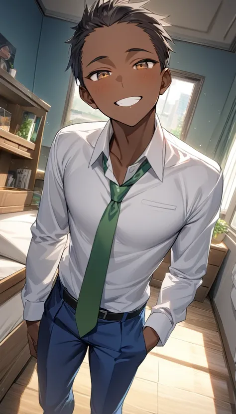 1africanboy, black hari, brown eyes, white shirt, green tie, blue pants, smiling, Best Quality, long slevees, collared shirt, brown skin, looking at viewers, HDR, High quality, room, indoors, smiling,