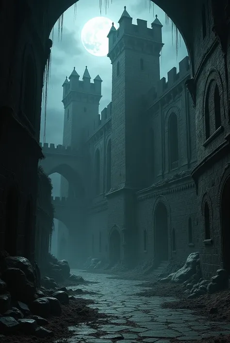 inside a large, dark, and abandoned castle