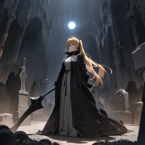 Top quality, masterpiece, high resolution, girl, gold ponytail hair, blue eyes, black cloak, Grim Reaper with scythe, dark atmosphere, orb light floating in the air, Western cemetery