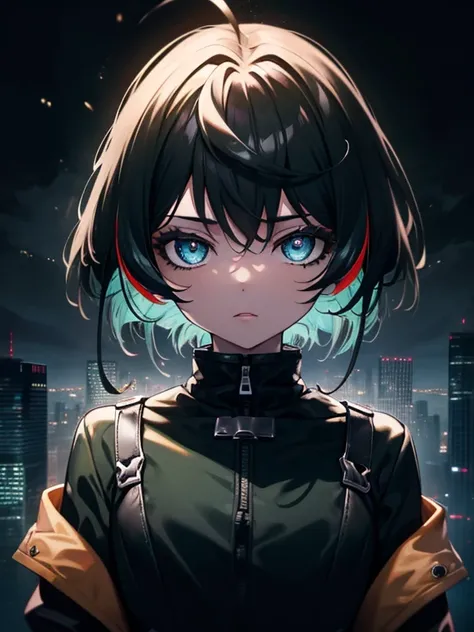 (Masterpiece, Best quality, ultra high resolution),1girl,short hair,black hair,jacket,(multicolor jacket green and black),looking at the viewer,focus on the girl,cloudy sky,beautiful and detailed face, detailed eyes,grey and black theme