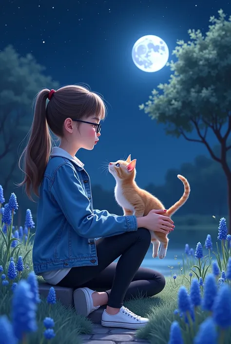 A girl with her kitten sitting beside her, long hair girl, brown, The hair is tied up in a ponytail. , Black Prescription Glasses, with black pants, denim blue jacket, white blouse, Laras shoe already white, skin fair, red lipgloss stick. They are looking ...