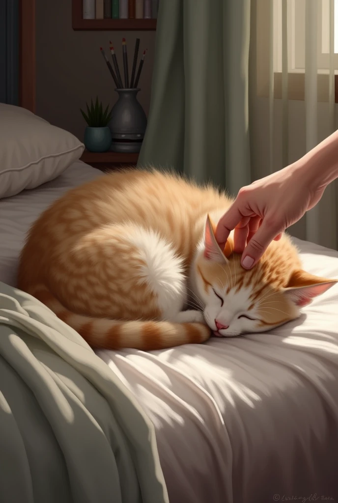 Cat sleep and caught  human hand caring gesture 