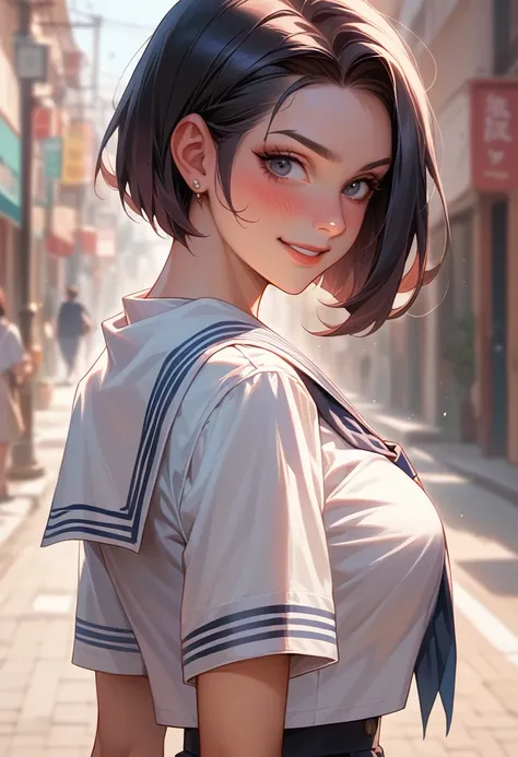 Ultra HD、Precision、Beautiful girl alone、Black Hair、Bobcut、Large Breasts、Sailor suit、looking at the camera、Looking back、Embarrassed smile、Natural Light、Walking on the way to school、Rich colors、photograph、Good move、Bust Shot、